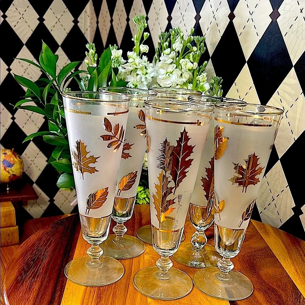 Vintage Libbey 22k Gold Maple Foliage Pilsner Glasses Set of 6| Mid Century Bar - Picture 13 of 17